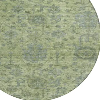 8' Artichoke Green And Gray Round Damask Washable Indoor Outdoor Area Rug
