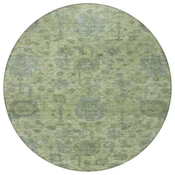 8' Artichoke Green And Gray Round Damask Washable Indoor Outdoor Area Rug