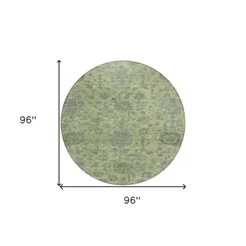 8' Artichoke Green And Gray Round Damask Washable Indoor Outdoor Area Rug