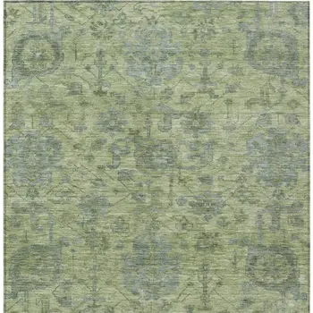 9' X 12' Artichoke Green And Gray Damask Washable Indoor Outdoor Area Rug