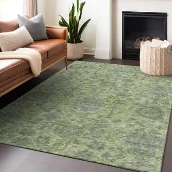 9' X 12' Artichoke Green And Gray Damask Washable Indoor Outdoor Area Rug