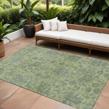 10' X 14' Artichoke Green And Gray Damask Washable Indoor Outdoor Area Rug