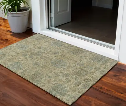 3' X 5' Beige And Blue Damask Washable Indoor Outdoor Area Rug