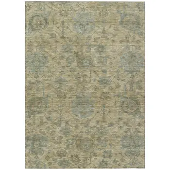 3' X 5' Beige And Blue Damask Washable Indoor Outdoor Area Rug