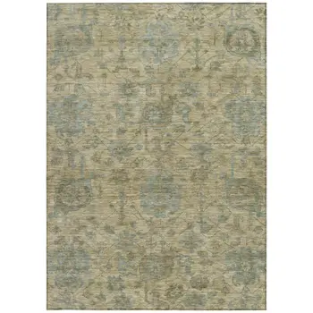 5' X 8' Beige And Blue Damask Washable Indoor Outdoor Area Rug