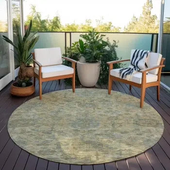 8' Beige And Blue Round Damask Washable Indoor Outdoor Area Rug