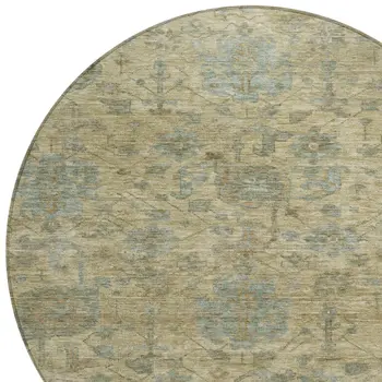 8' Beige And Blue Round Damask Washable Indoor Outdoor Area Rug