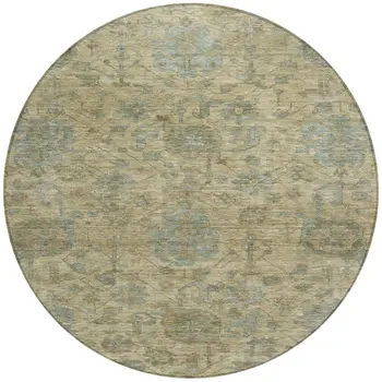 8' Beige And Blue Round Damask Washable Indoor Outdoor Area Rug