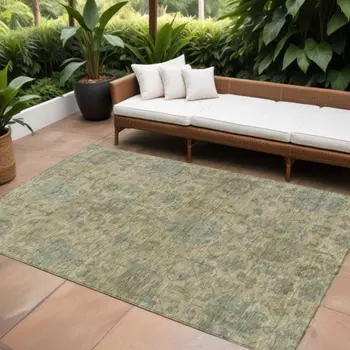 9' X 12' Beige And Blue Damask Washable Indoor Outdoor Area Rug