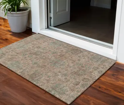 3' X 5' Coral Gray And Brown Damask Washable Indoor Outdoor Area Rug