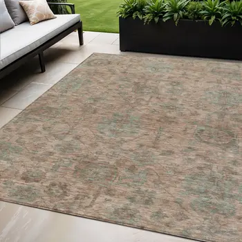 5' X 8' Coral Gray And Brown Damask Washable Indoor Outdoor Area Rug