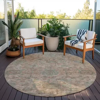 8' Coral Gray And Brown Round Damask Washable Indoor Outdoor Area Rug