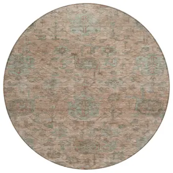 8' Coral Gray And Brown Round Damask Washable Indoor Outdoor Area Rug