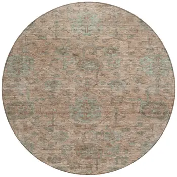 8' Coral Gray And Brown Round Damask Washable Indoor Outdoor Area Rug