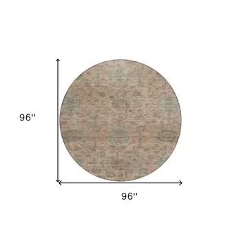 8' Coral Gray And Brown Round Damask Washable Indoor Outdoor Area Rug