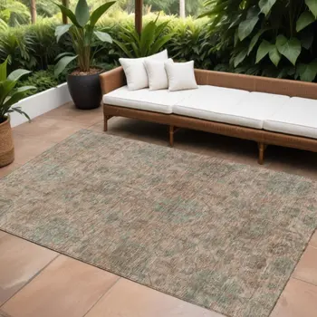 8' X 10' Coral Gray And Brown Damask Washable Indoor Outdoor Area Rug