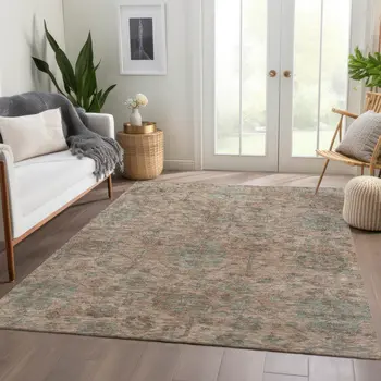 9' X 12' Coral Gray And Brown Damask Washable Indoor Outdoor Area Rug