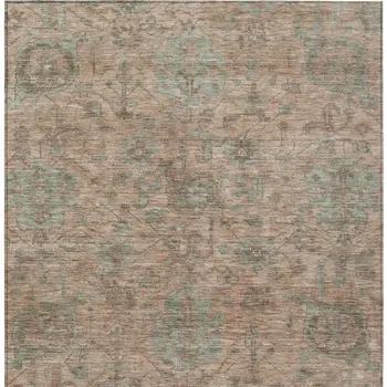 10' X 14' Coral Gray And Brown Damask Washable Indoor Outdoor Area Rug