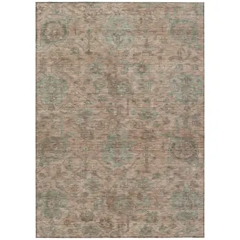 10' X 14' Coral Gray And Brown Damask Washable Indoor Outdoor Area Rug