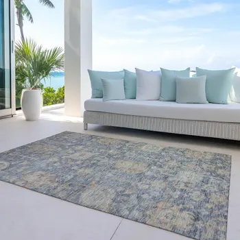 3' X 5' Denim Blue Brown And Beige Damask Washable Indoor Outdoor Area Rug