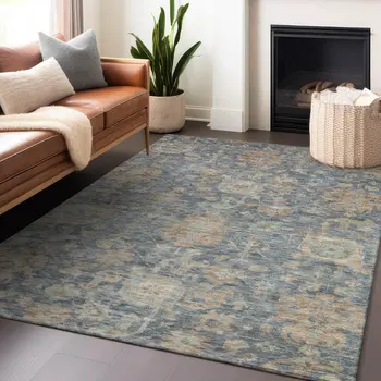 3' X 5' Denim Blue Brown And Beige Damask Washable Indoor Outdoor Area Rug