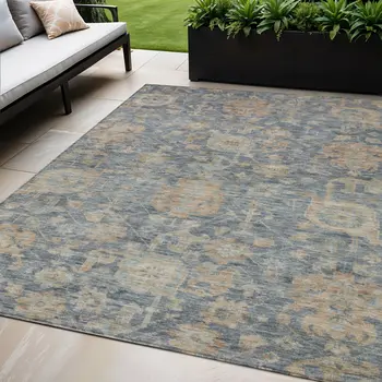 5' X 8' Denim Blue Brown And Beige Damask Washable Indoor Outdoor Area Rug