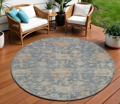 8' Denim Blue Brown And Beige Round Damask Washable Indoor Outdoor Area Rug