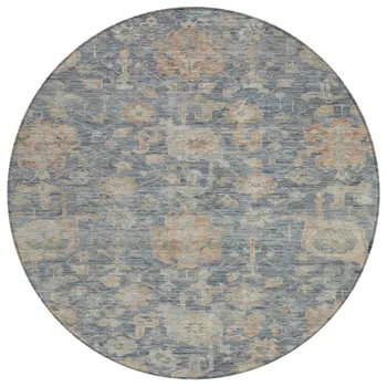 8' Denim Blue Brown And Beige Round Damask Washable Indoor Outdoor Area Rug