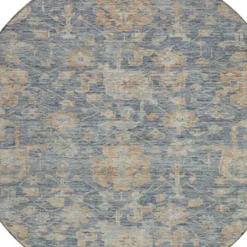 8' Denim Blue Brown And Beige Round Damask Washable Indoor Outdoor Area Rug
