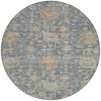 8' Denim Blue Brown And Beige Round Damask Washable Indoor Outdoor Area Rug