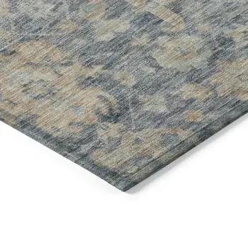8' X 10' Denim Blue Brown And Beige Damask Washable Indoor Outdoor Area Rug