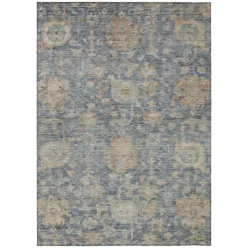9' X 12' Denim Blue Brown And Beige Damask Washable Indoor Outdoor Area Rug