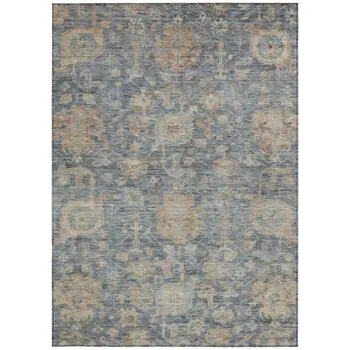 9' X 12' Denim Blue Brown And Beige Damask Washable Indoor Outdoor Area Rug