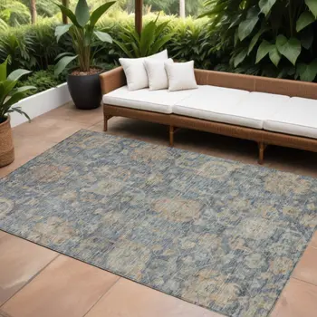 10' X 14' Denim Blue Brown And Beige Damask Washable Indoor Outdoor Area Rug