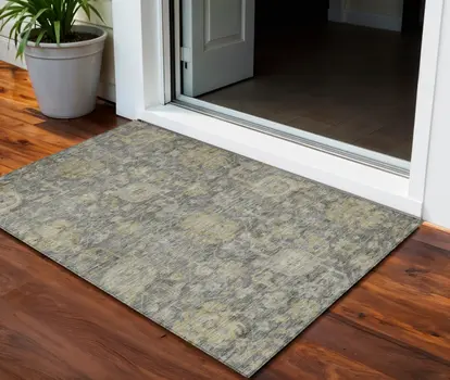 3' X 5' Pewter And Green Damask Washable Indoor Outdoor Area Rug