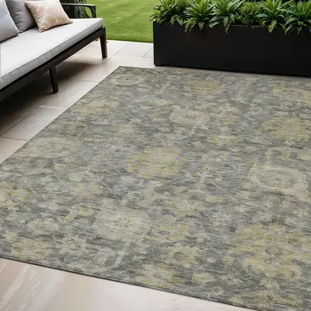 5' X 8' Pewter And Green Damask Washable Indoor Outdoor Area Rug
