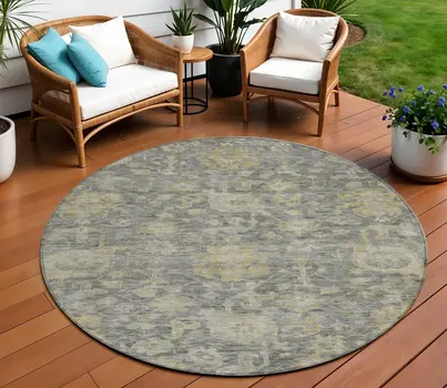 8' Pewter And Green Round Damask Washable Indoor Outdoor Area Rug