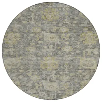 8' Pewter And Green Round Damask Washable Indoor Outdoor Area Rug