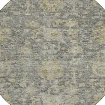 8' Pewter And Green Round Damask Washable Indoor Outdoor Area Rug