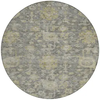 8' Pewter And Green Round Damask Washable Indoor Outdoor Area Rug