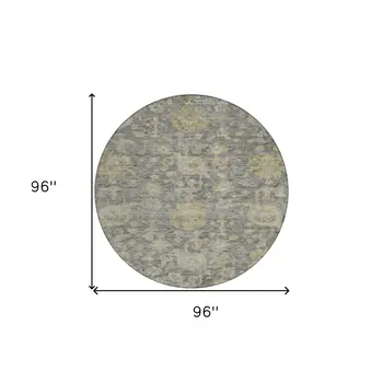 8' Pewter And Green Round Damask Washable Indoor Outdoor Area Rug