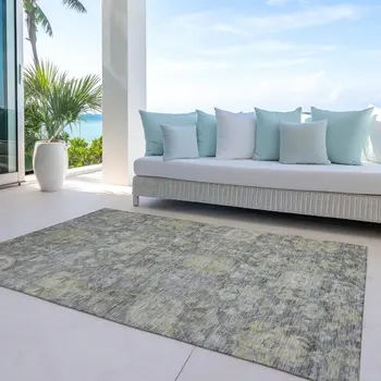 8' X 10' Pewter And Green Damask Washable Indoor Outdoor Area Rug