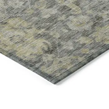 8' X 10' Pewter And Green Damask Washable Indoor Outdoor Area Rug