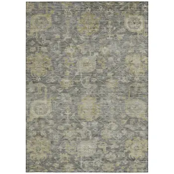 8' X 10' Pewter And Green Damask Washable Indoor Outdoor Area Rug