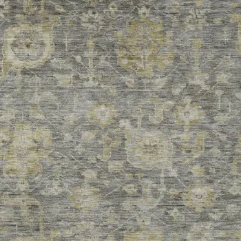9' X 12' Pewter And Green Damask Washable Indoor Outdoor Area Rug