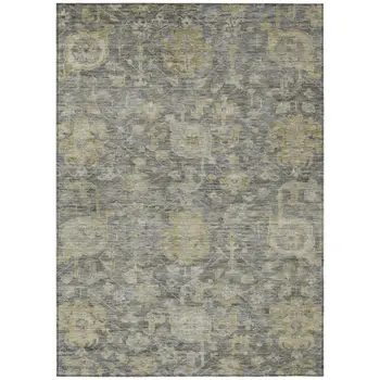 10' X 14' Pewter And Green Damask Washable Indoor Outdoor Area Rug