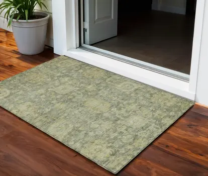 3' X 5' Sage And Green Damask Washable Indoor Outdoor Area Rug