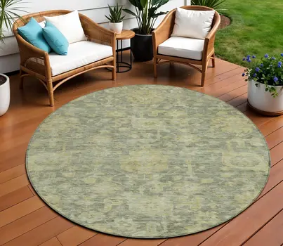 8' Sage And Green Round Damask Washable Indoor Outdoor Area Rug
