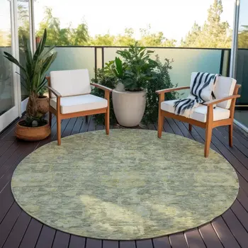 8' Sage And Green Round Damask Washable Indoor Outdoor Area Rug