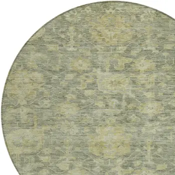8' Sage And Green Round Damask Washable Indoor Outdoor Area Rug